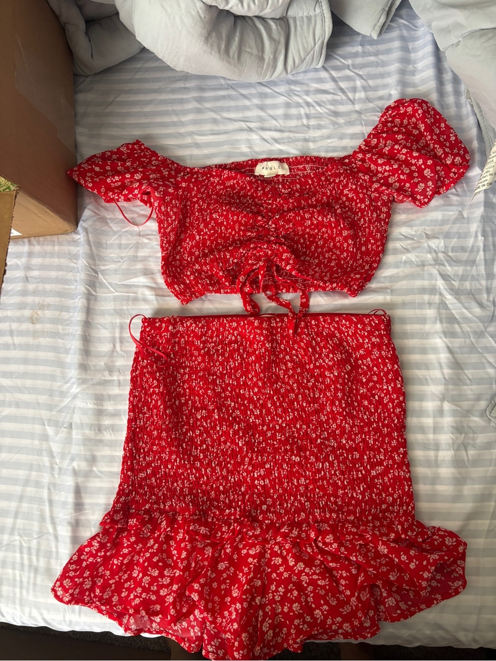 MABLE Red Floral Two-Piece Crop Top & shorts Set